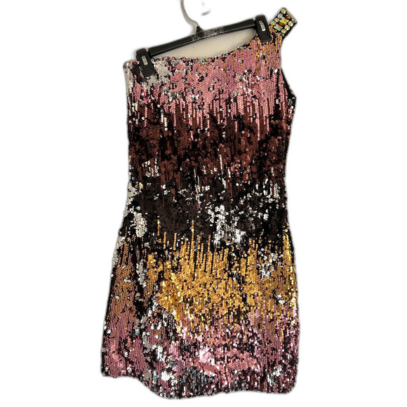 EMOTION Design Sequin One Shoulder Sparkle Gem Mini Cocktail Dress Size Medium - Picture 3 of 16